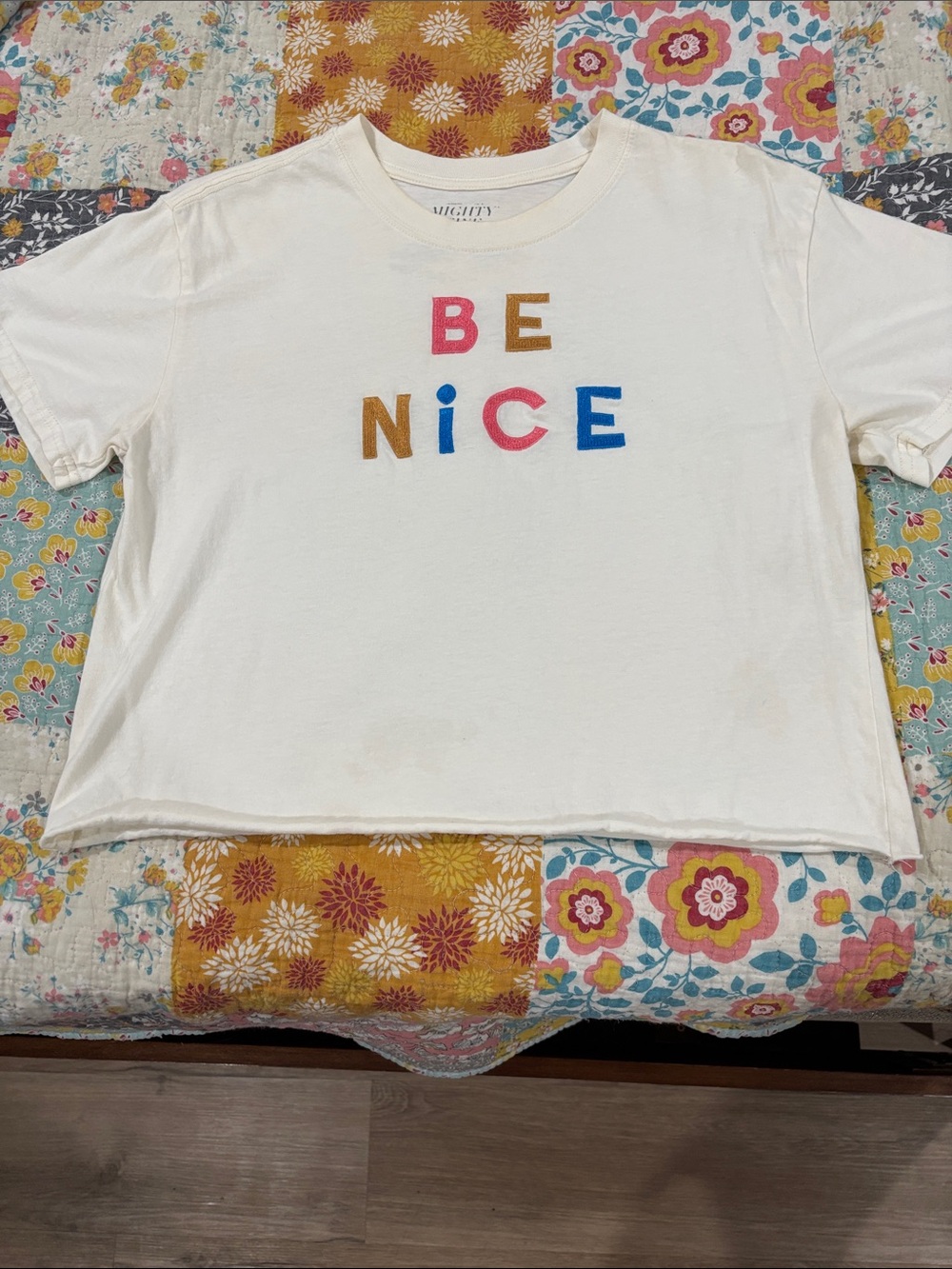 Mighty Fine White 'BE NICE' Short Sleeve Graphic Crop Tee